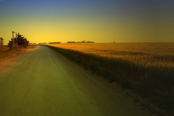 Die Straße entlang des Feldes bei Sonnenuntergang