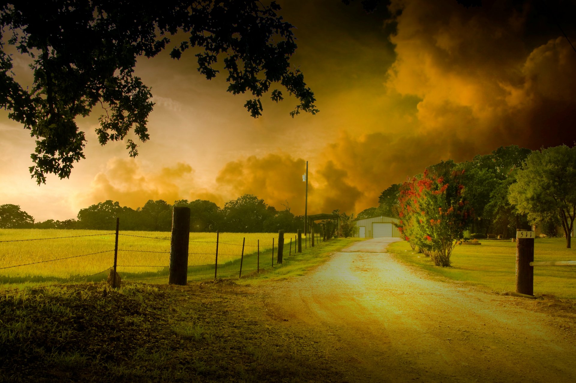 natura albero alberi foglie foglie fogliame fiori fiori recinzione recinzione passerella passerella casa cielo nuvole sfondo carta da parati widescreen schermo intero widescreen widescreen