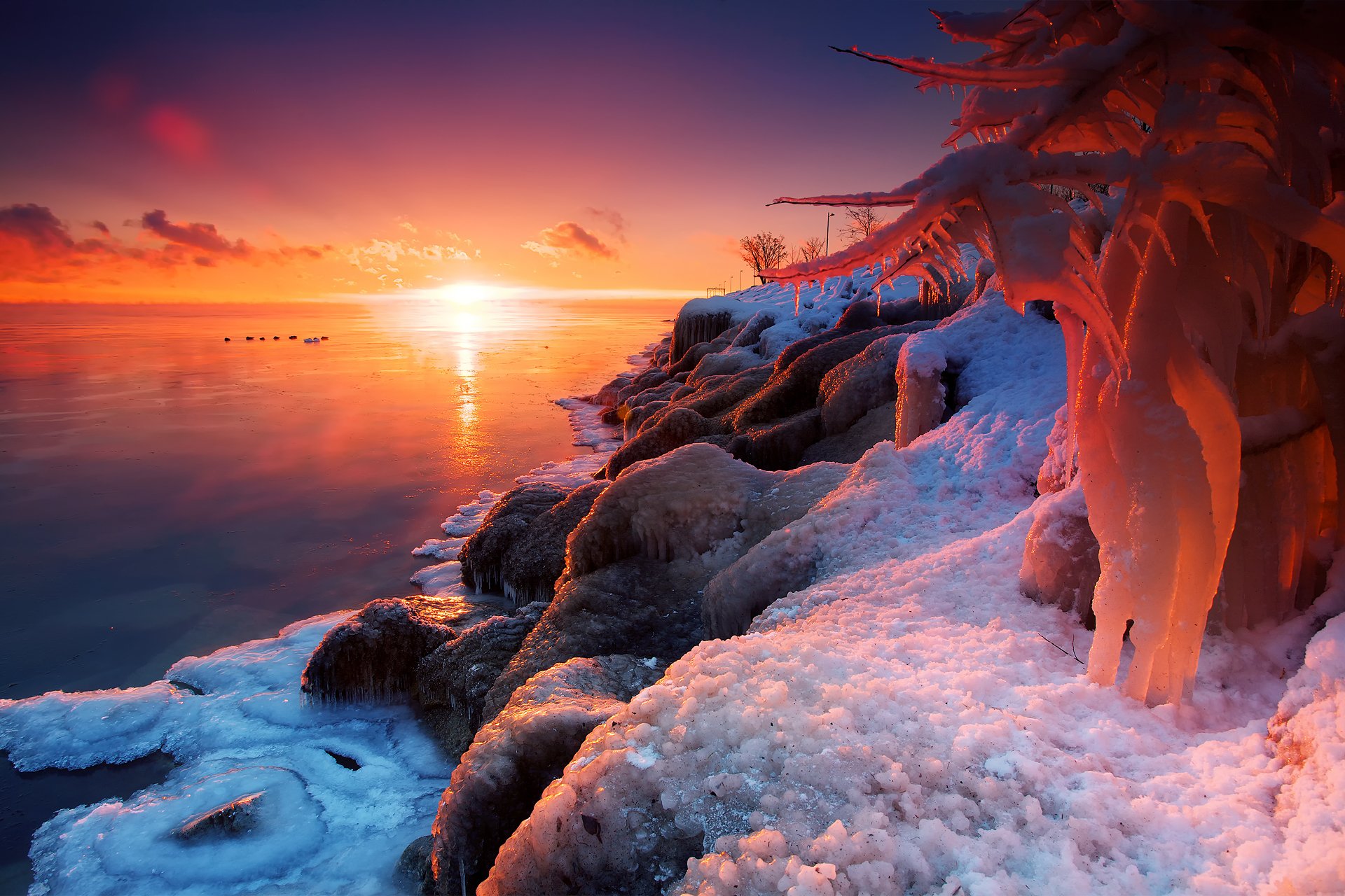 naturaleza lago nieve invierno sol luz fuego y hielo