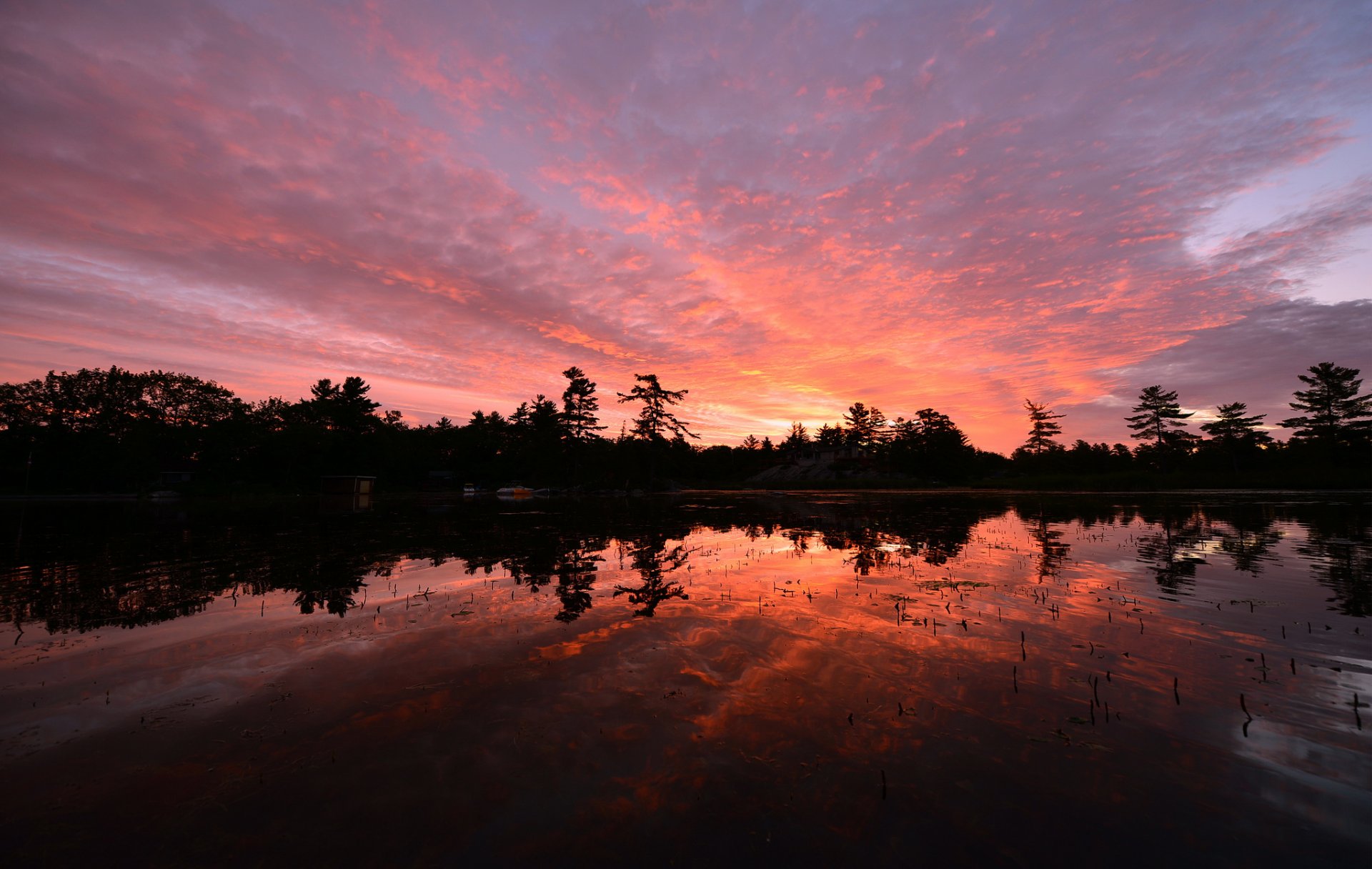 kanada ontario see bäume abend sonnenuntergang orange himmel wolken reflexion