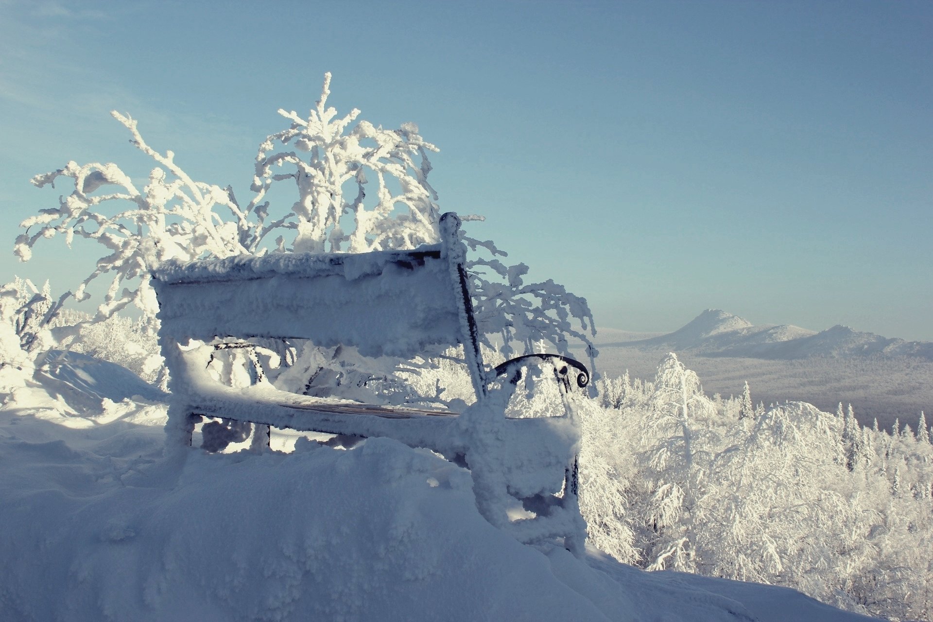 taganay south ural mountain forest snow winter sky bench