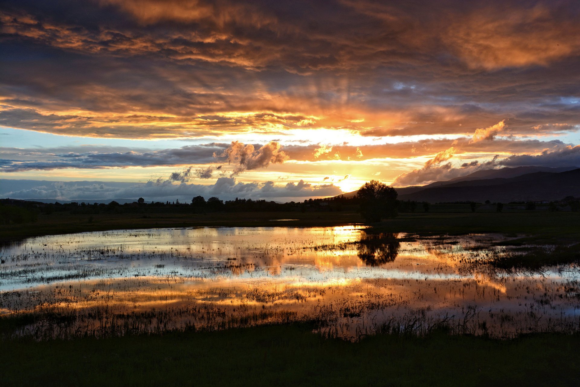 lake bog night sunset clouds sun rays after the rain