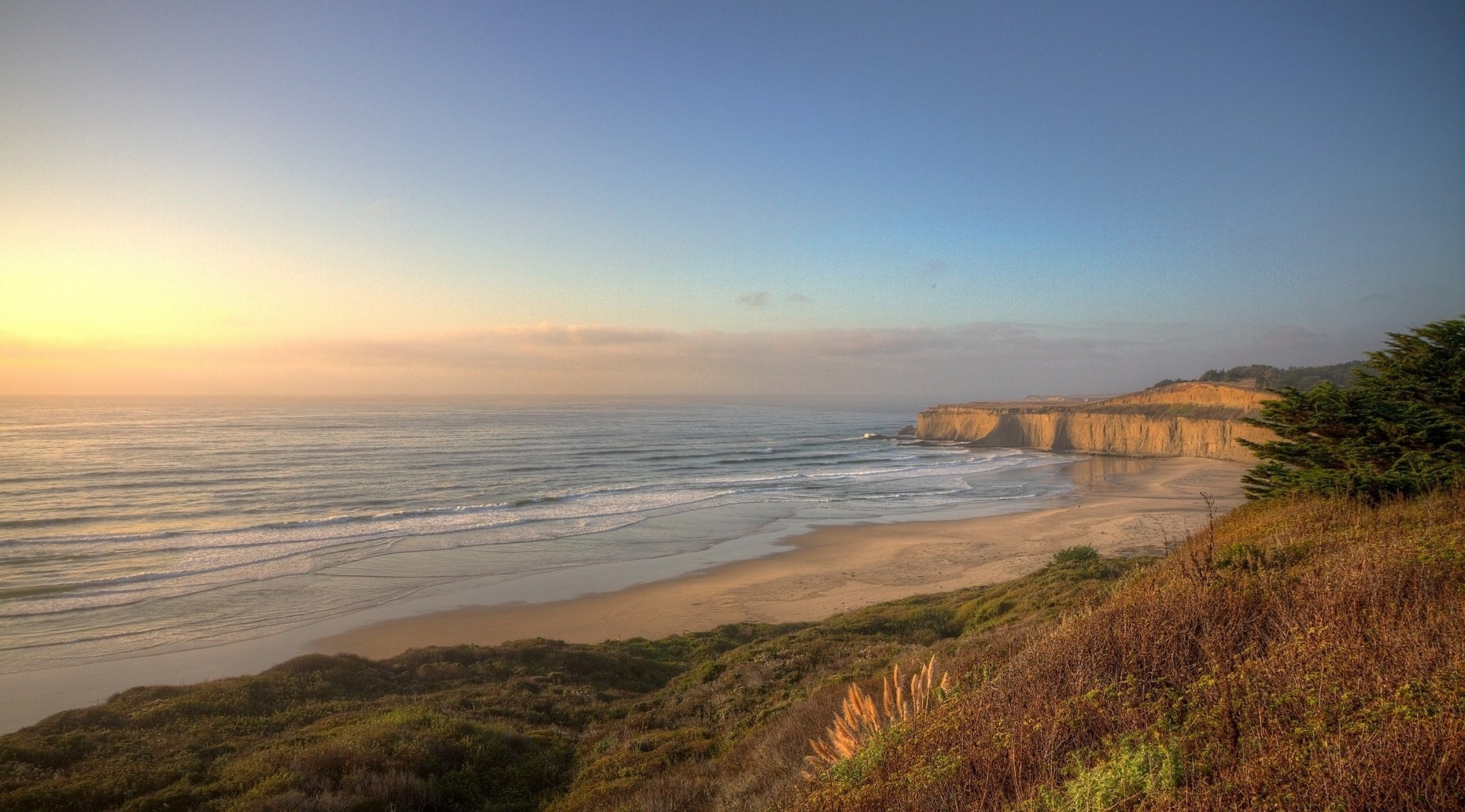 nature paysage sable côte herbe mer coucher de soleil ciel