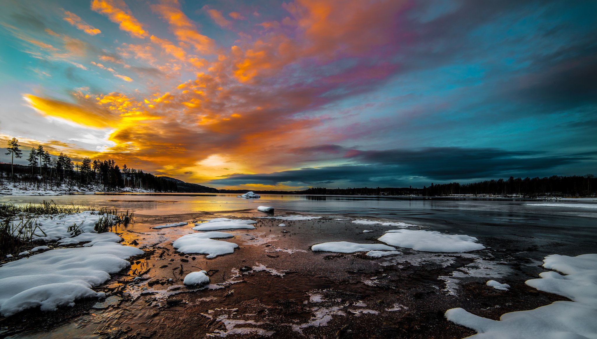 forest lake snow next winter morning sunrise