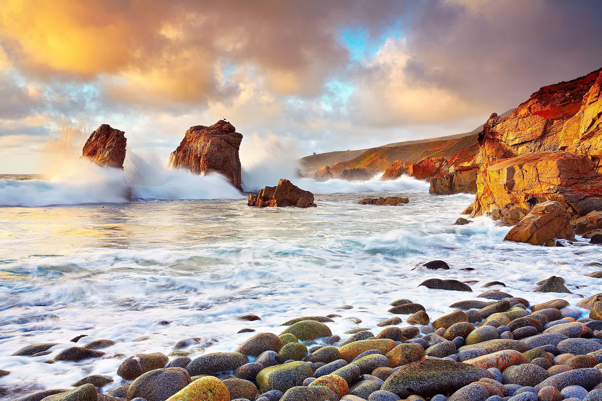 united states california ocean rock clouds stones wave