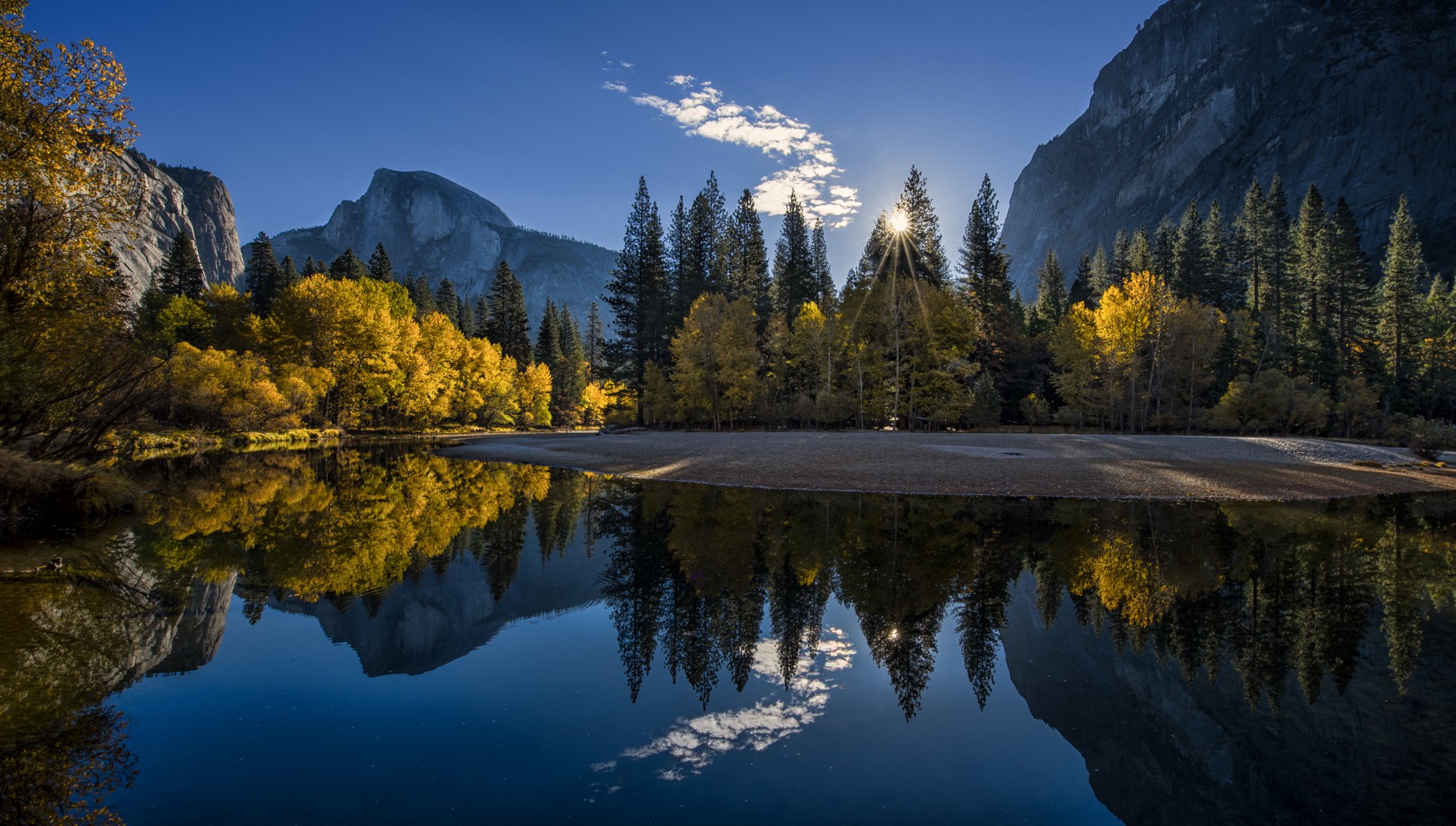 kalifornia yosemite park narodowy góry las jezioro jesień poranek wschód słońca