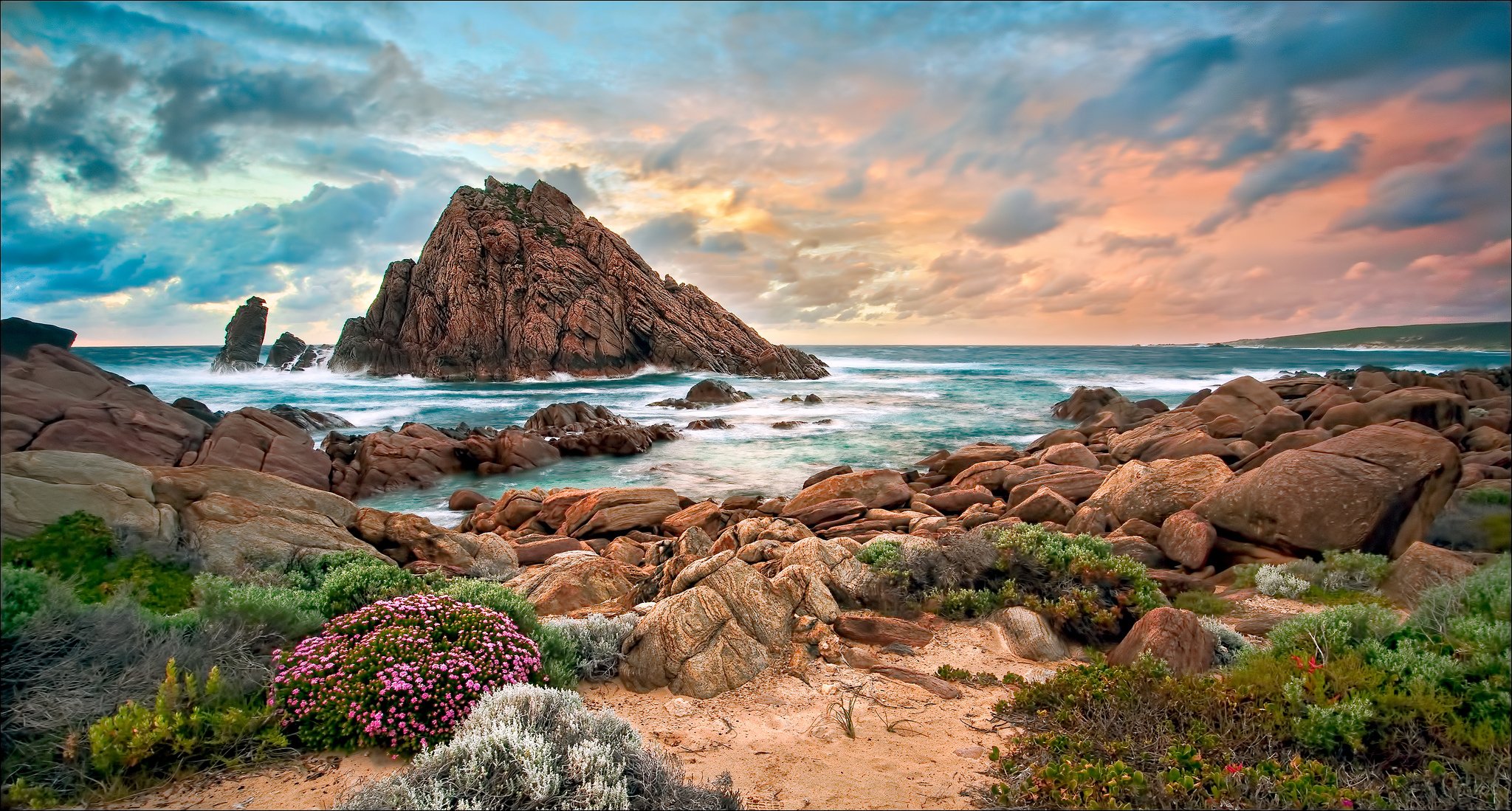 australia occidental playa rocas roca puesta de sol