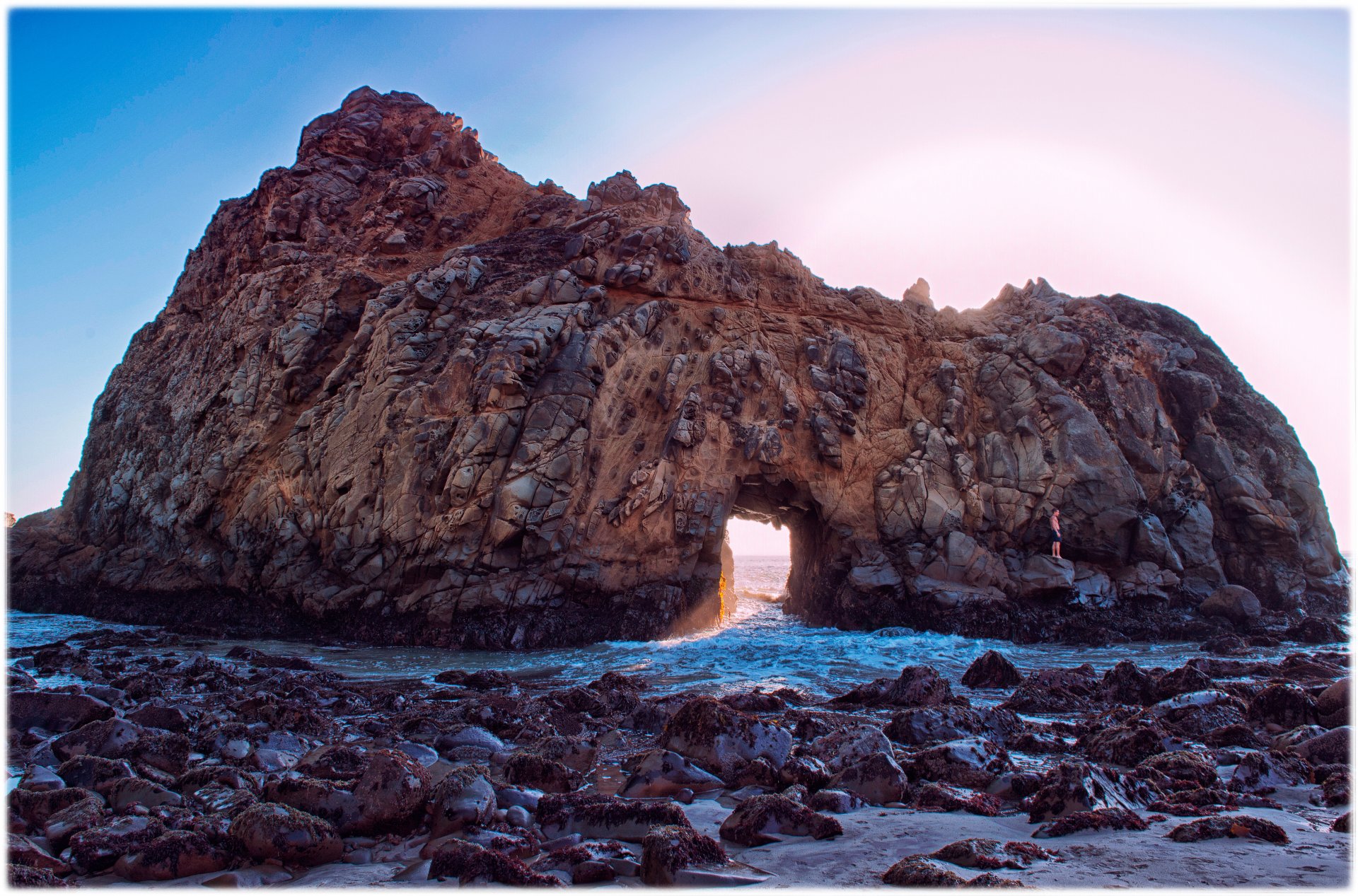 purple beach pfeiffer beach california united states rock stones spessartite mineral sea waves foam sky sun ray