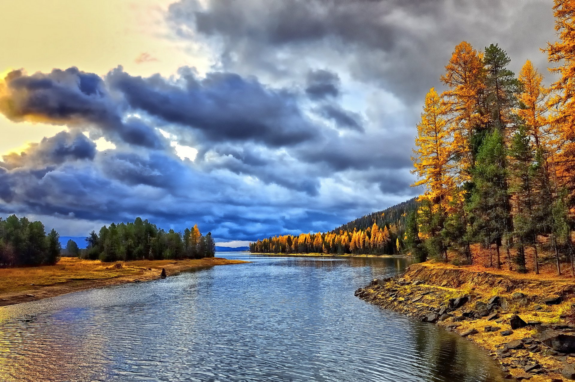 autumn forest river clouds morning dawn