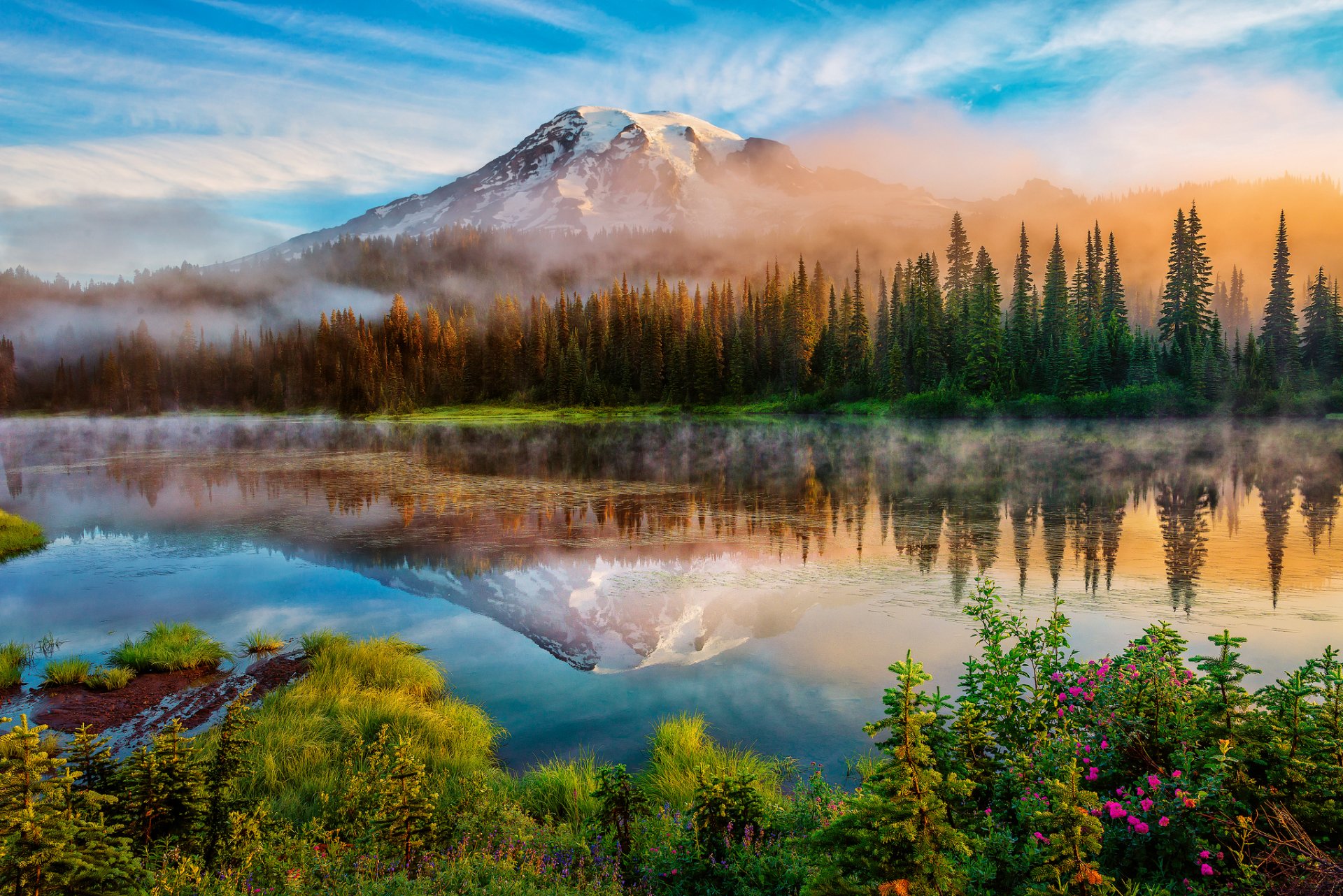 united states washington cascade mountains mountain stratovolcano rainier mount rainier summer morning forest lake fog reflection