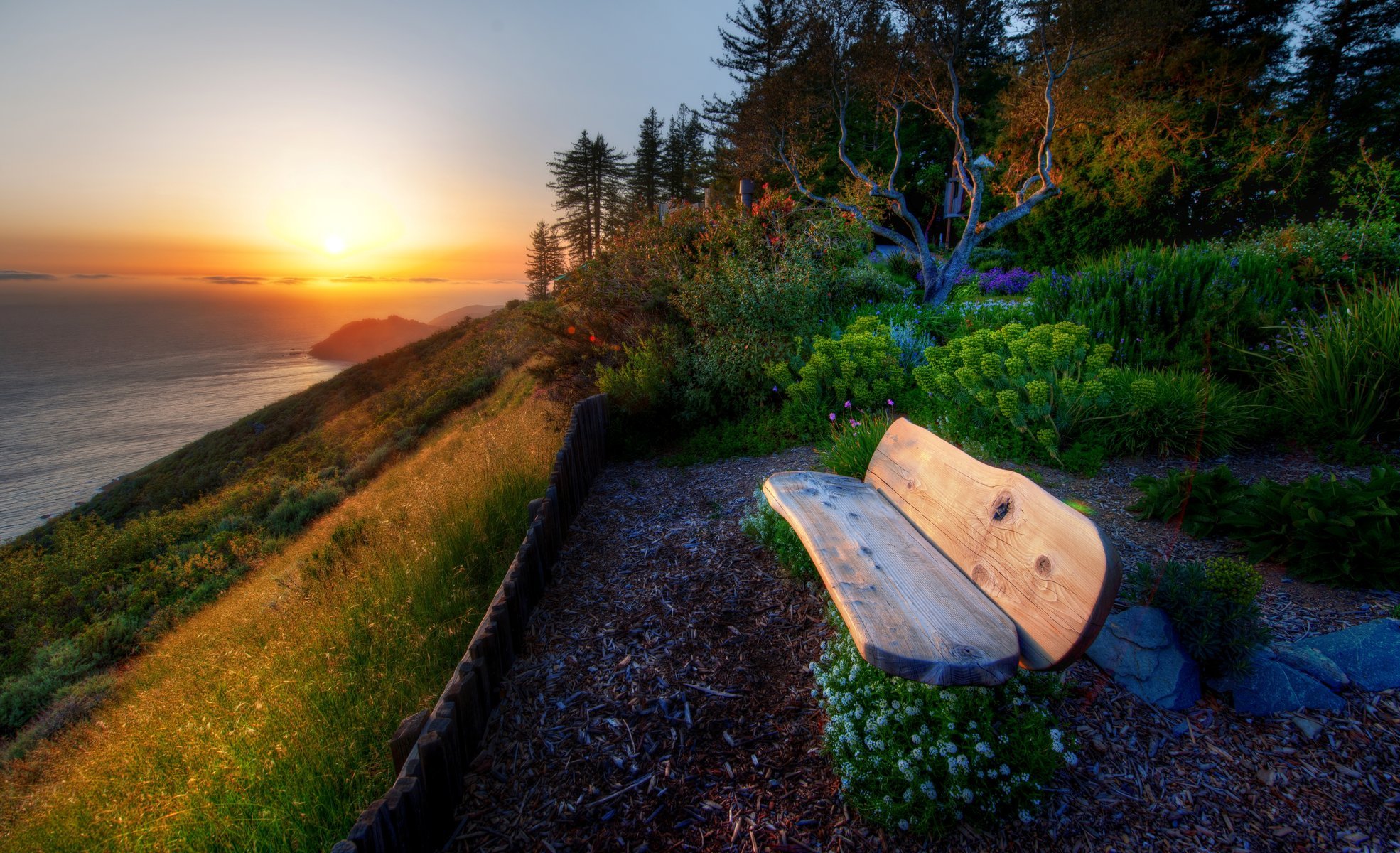 natur landschaft bank pflanzen blumen blumen grün baum bäume meer wasser fluss sonnenuntergang sonne himmel vegetation hintergrund tapete widescreen vollbild widescreen widescreen