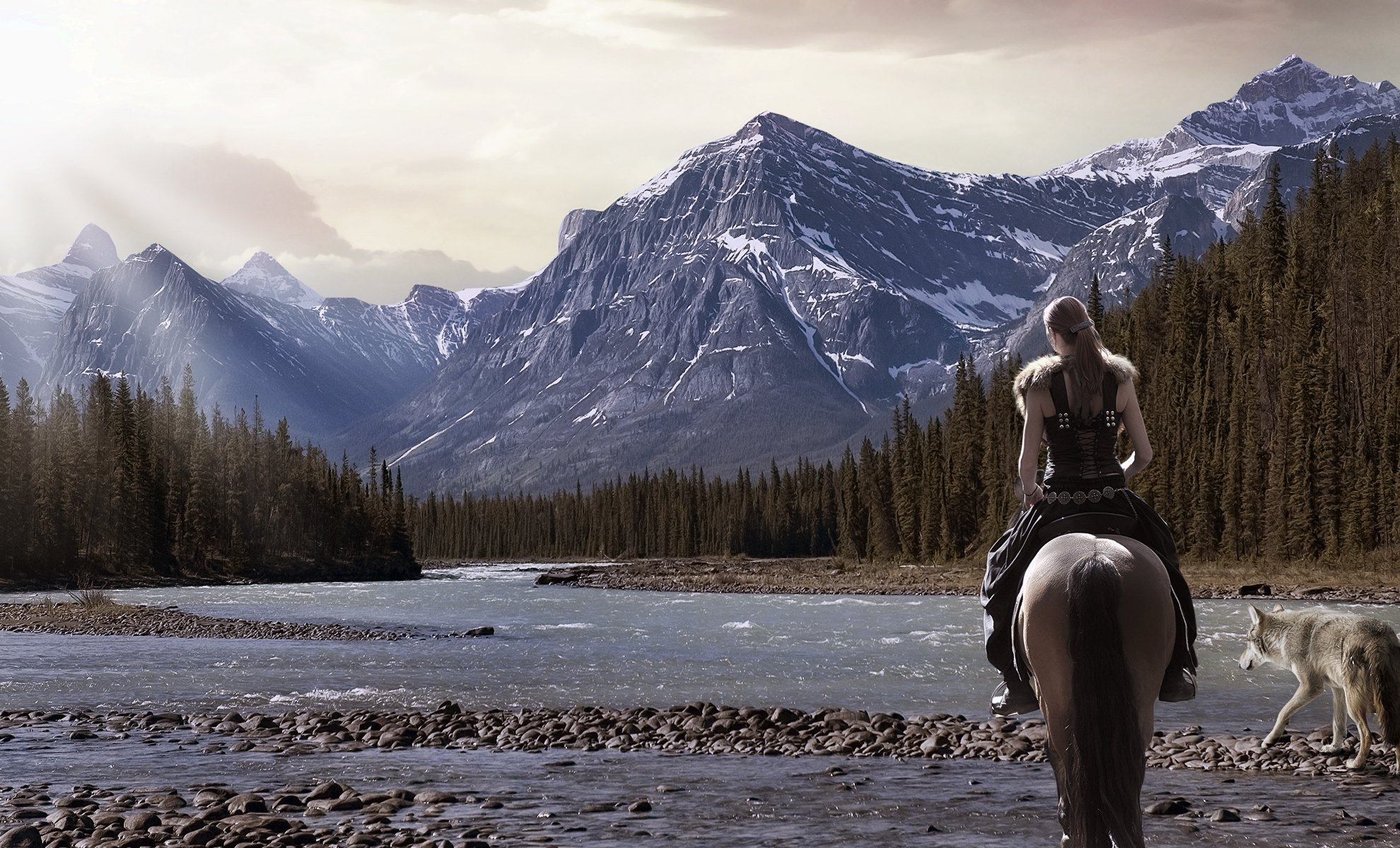 fille guerrier nature cheval montagnes loup rivière forêt sapin paysage