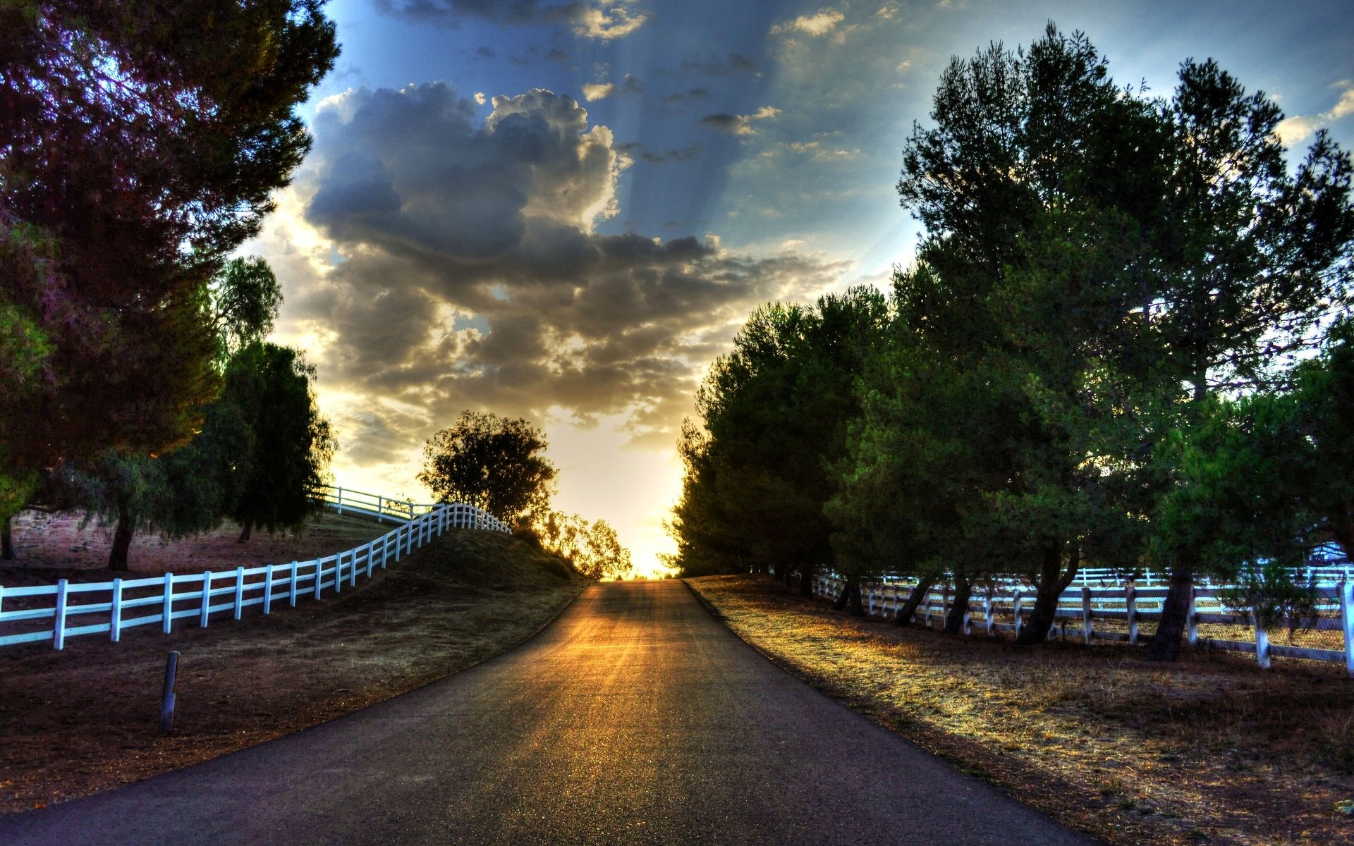 nature landscape road tree trees leaves leaves grass greenery fence gate fence path sun sky clouds background wallpaper widescreen fullscreen widescreen widescreen