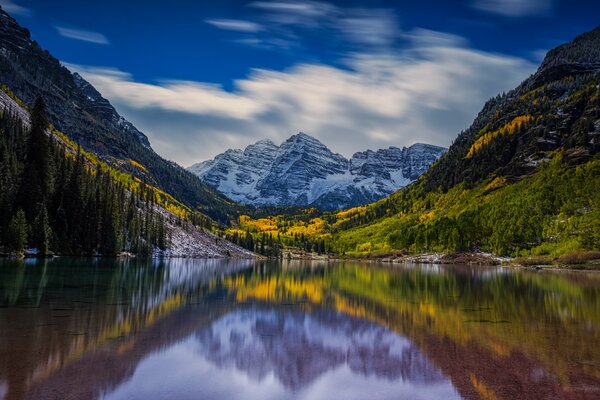 En el reflejo del lago, el bosque y las montañas