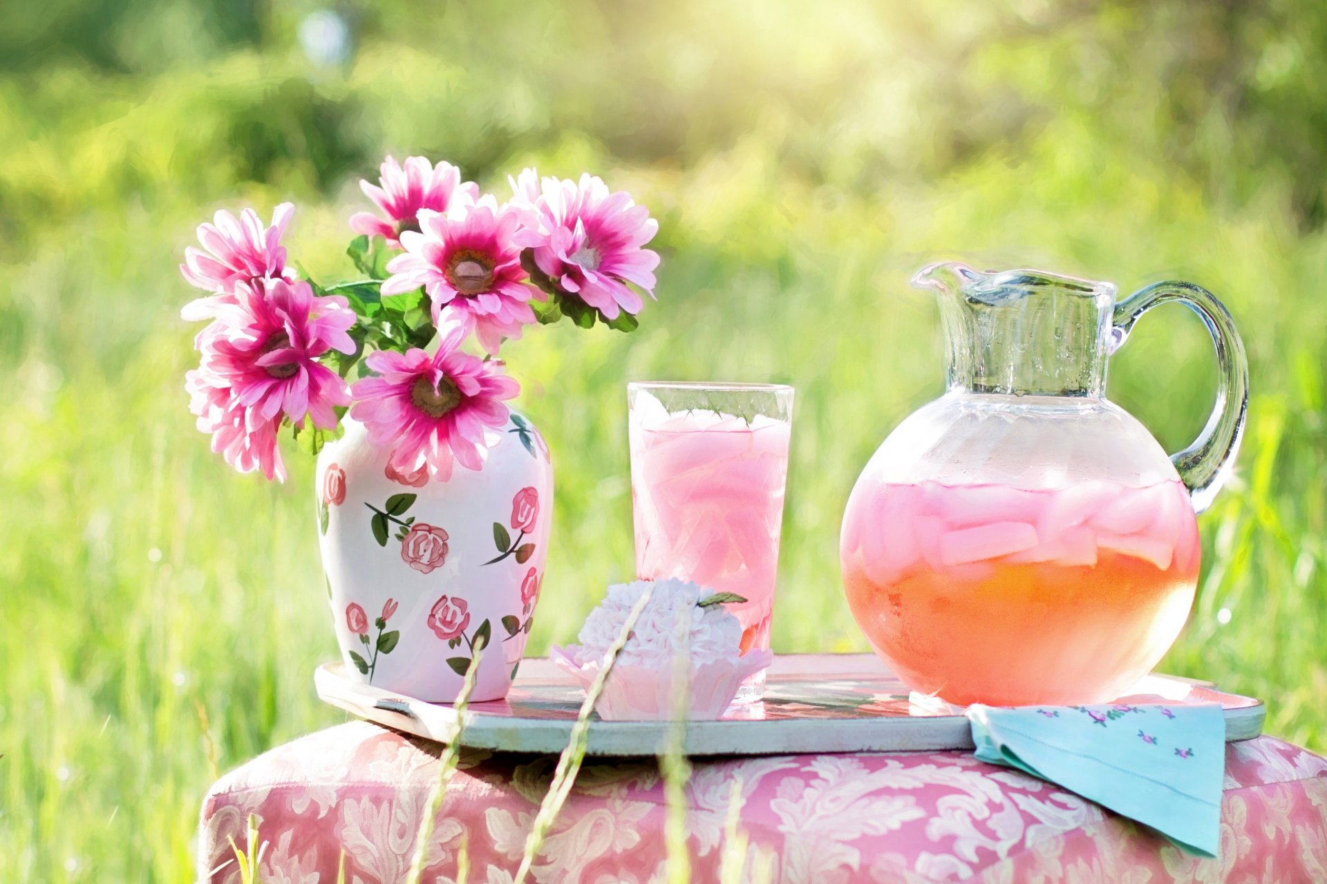 flower pink bouquet vase lemonade drink cake pitcher glass summer grass nature