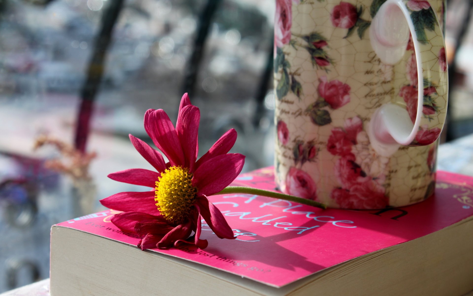 pink flower mug book cup petals photo