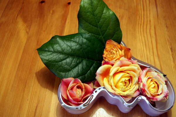 Les roses sont belles. Leurs bourgeons avec des feuilles et un vase