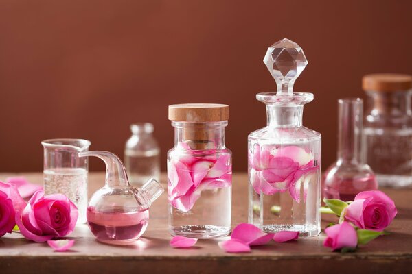 Acqua con petali di rosa in tubi di vetro