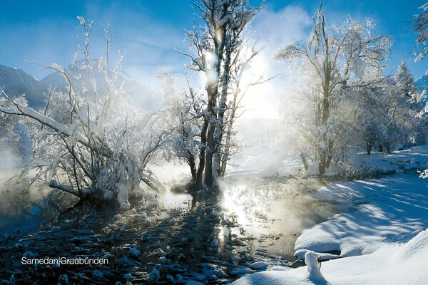 Winterlandschaft mit schmelzendem Schnee in der Sonne