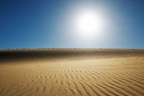 Słońce nad niekończącą się piaszczystą pustynią w upalne popołudnie