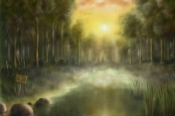 Drawing sunset over a swamp in the forest