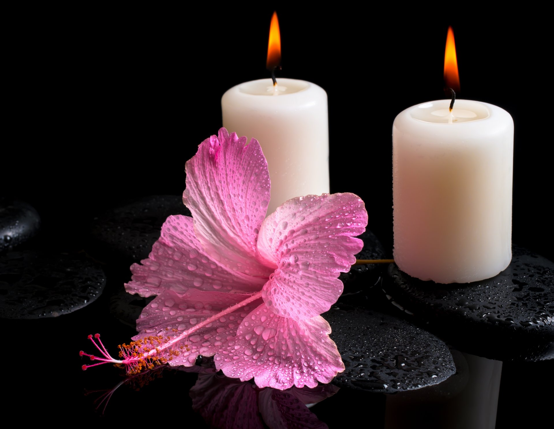 acqua gocce pietre termali candele fiore ibisco