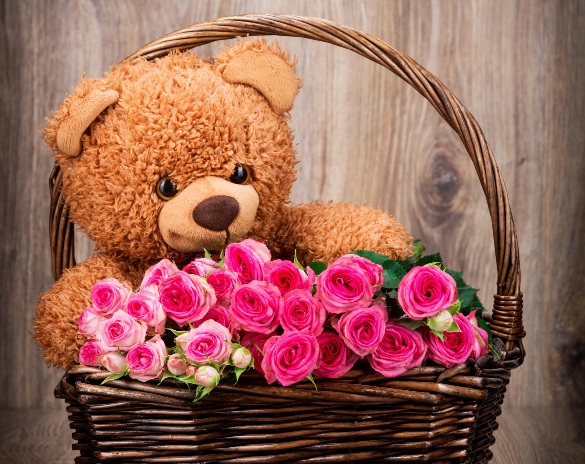 rosa rosen korb blumen plüsch bär mit liebe romantisch blumenstrauß teddybär