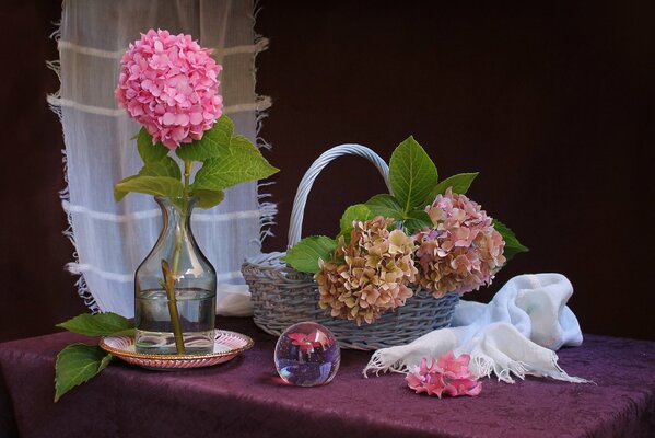 Sobre la mesa una cesta con hermosas hortensias