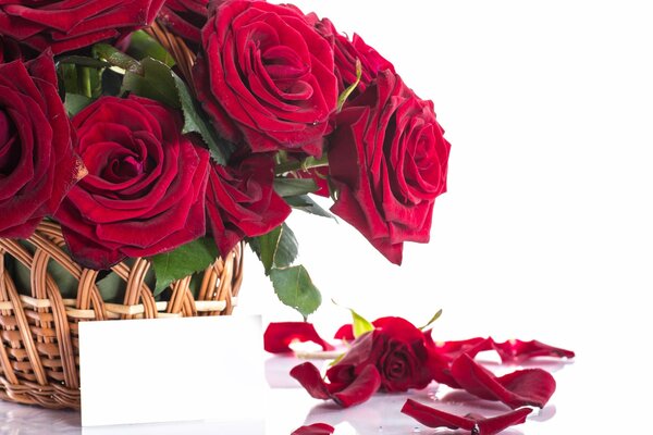 Ramo de rosas escarlatas en una cesta de mimbre