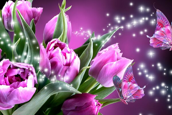 Collage di tulipani rosa e farfalle