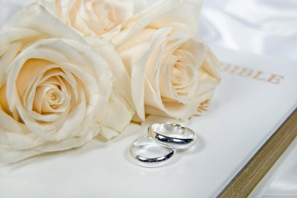 Anillos de compromiso con rosas blancas