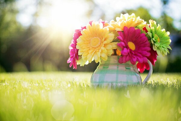 Bouquet de fleurs dans un pichet sur une clairière