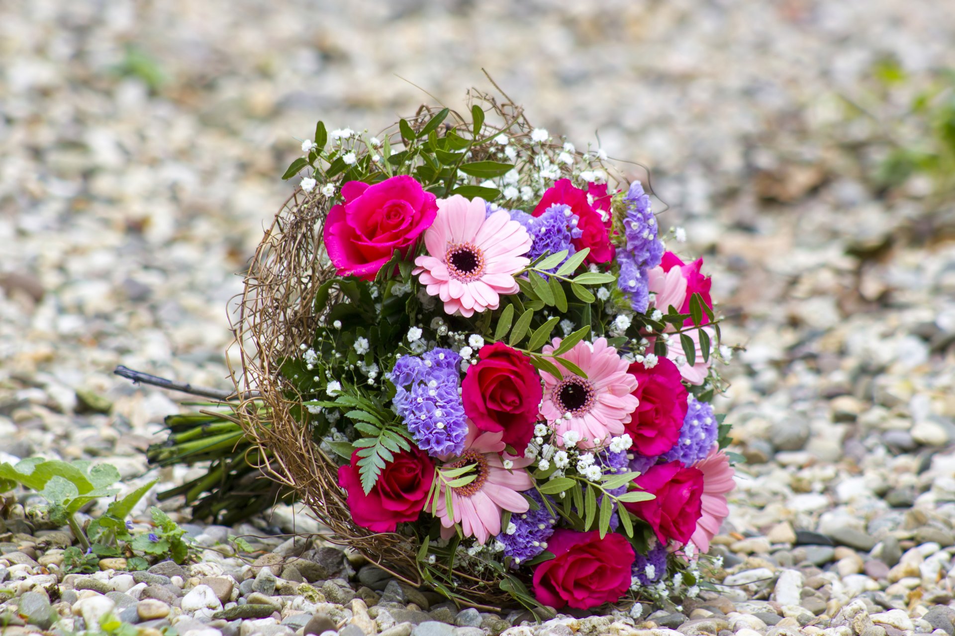 roses gerbera pink bouquet pebble