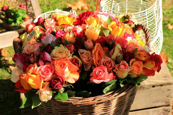 Bouquet - a magnificent basket of colorful roses