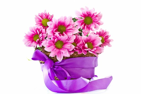 Beautiful pink bouquet with a lilac ribbon