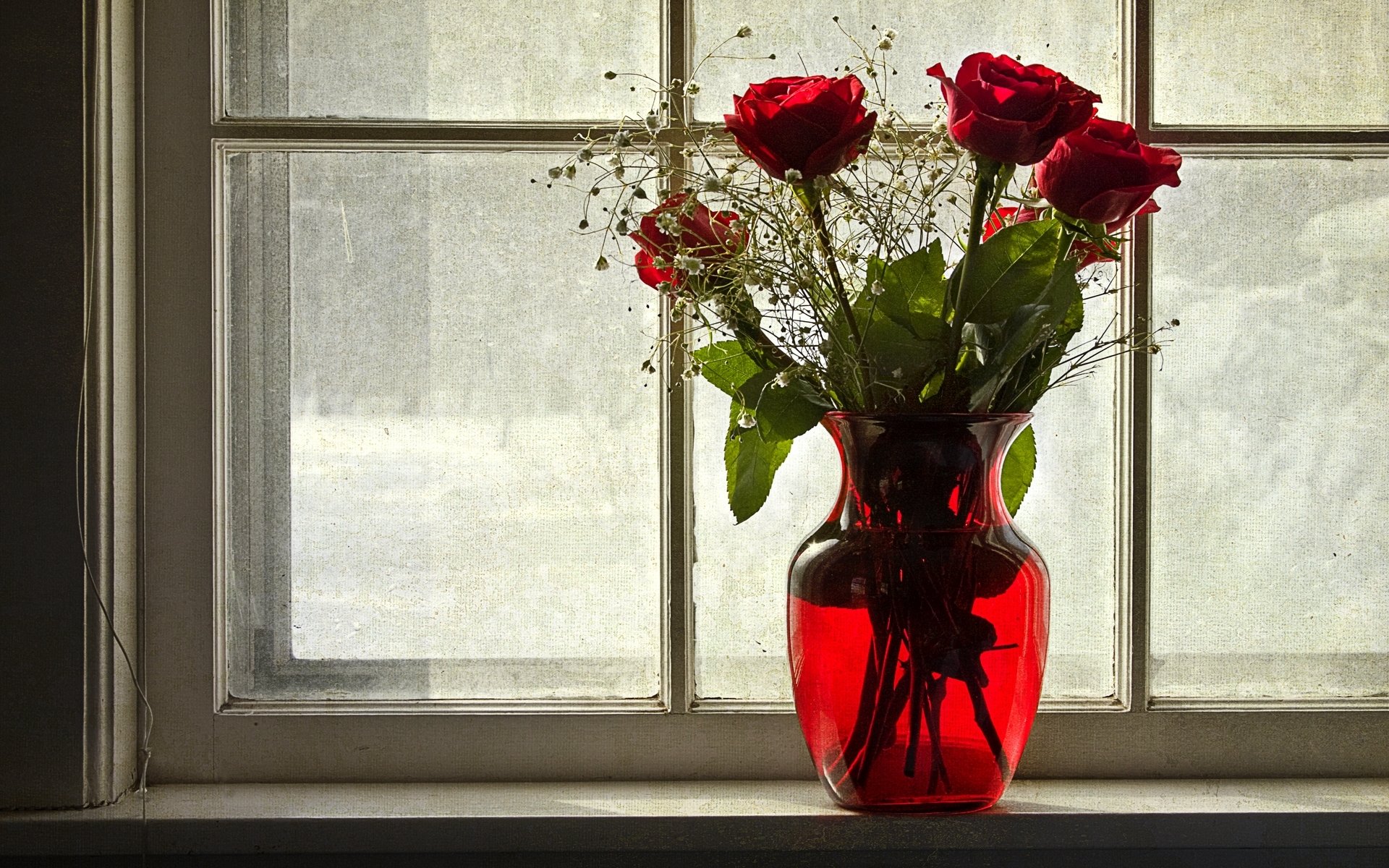 ventana invierno florero flores rosas