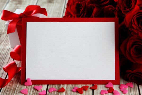 Photo frame on the background of a gift box and a bouquet of scarlet roses