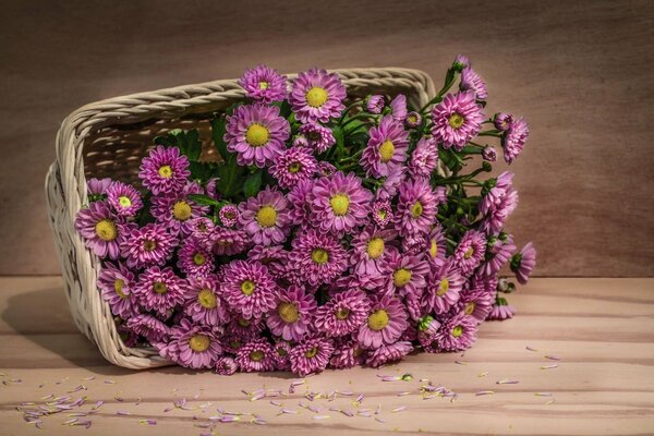 Bouquet de fleurs roses dans un panier