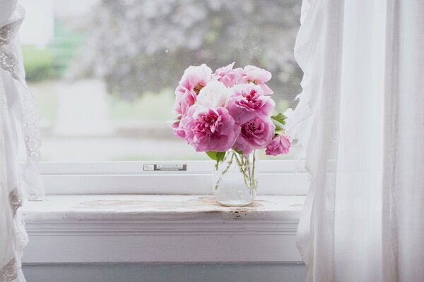 Розовые цветы в вазе на окне