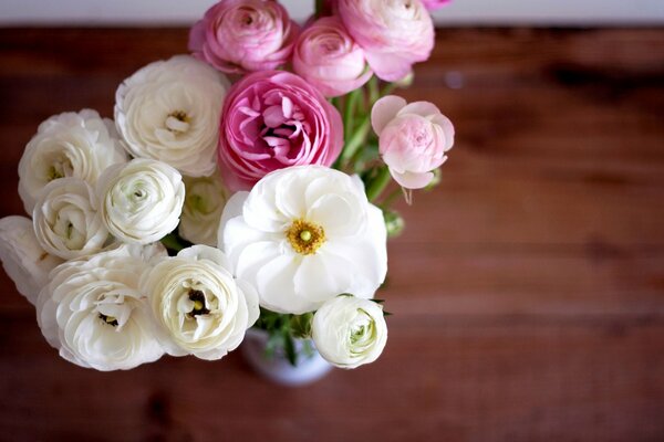 Blumenstrauß aus weißen und rosa Butterblumen in einer Vase auf dem Tisch