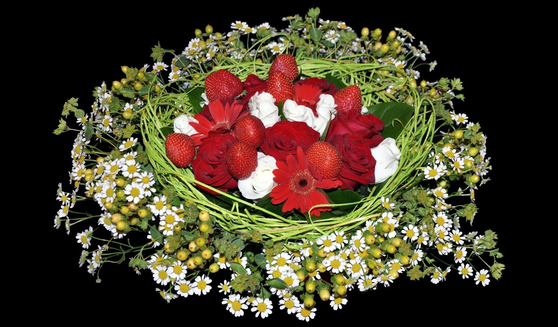 background chamomile roses strawberry bouquet composition