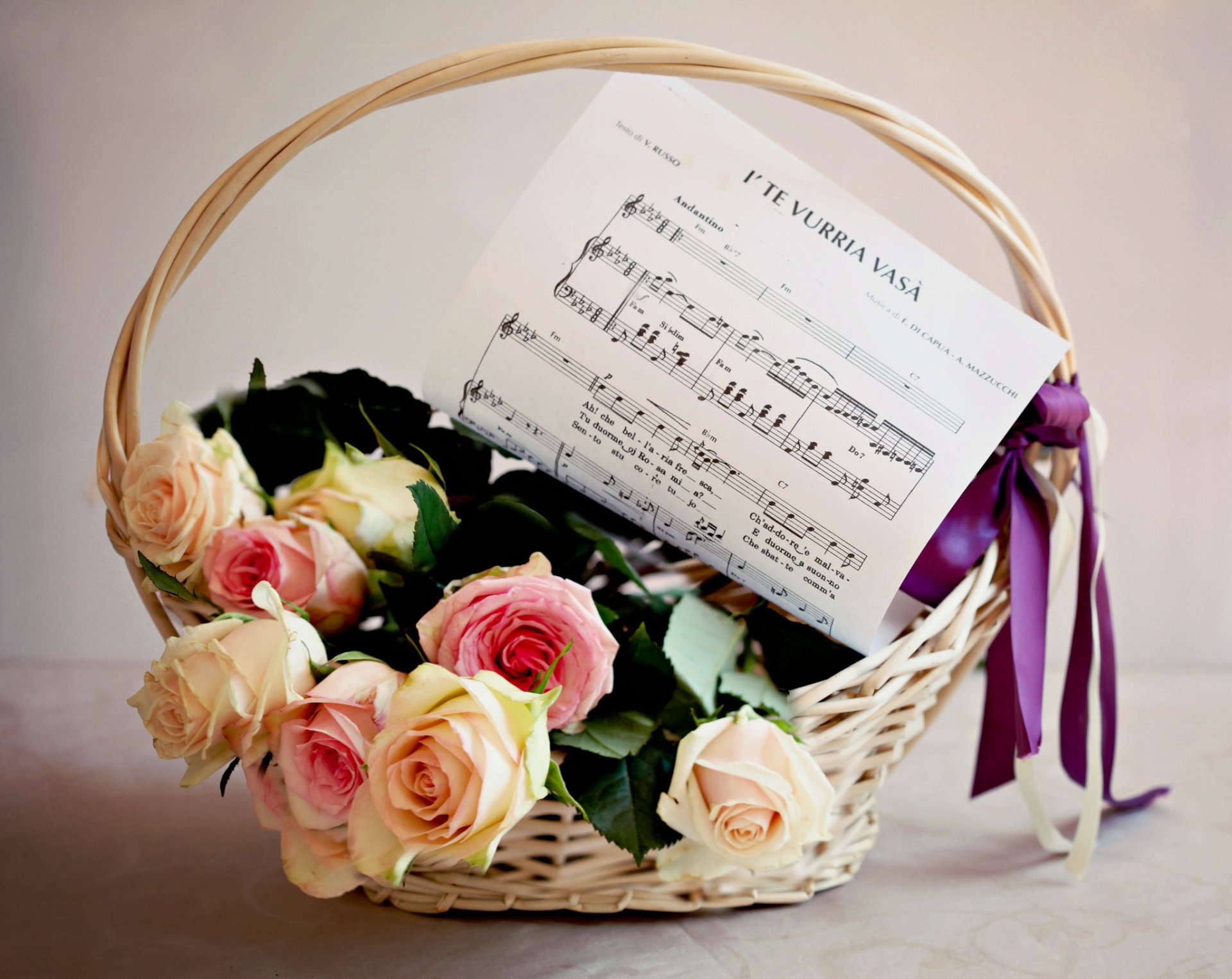 flowers flower bouquet roses basket basket sheet music music bow ribbon