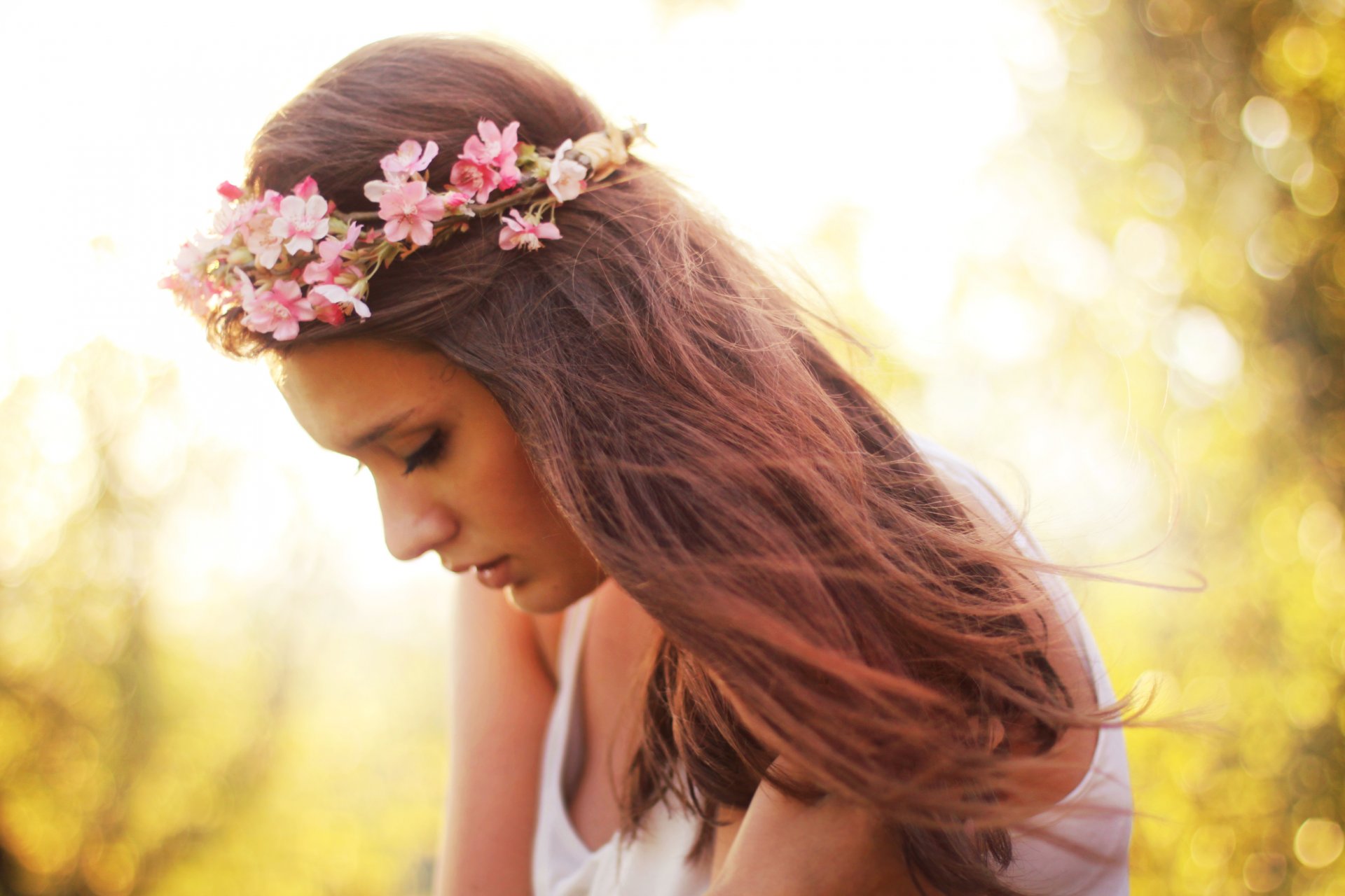 blumen stimmungen mädchen kranz sonne natur hintergrund tapete