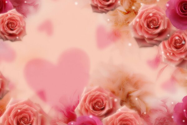 Beautiful rose flowers with hearts on the background