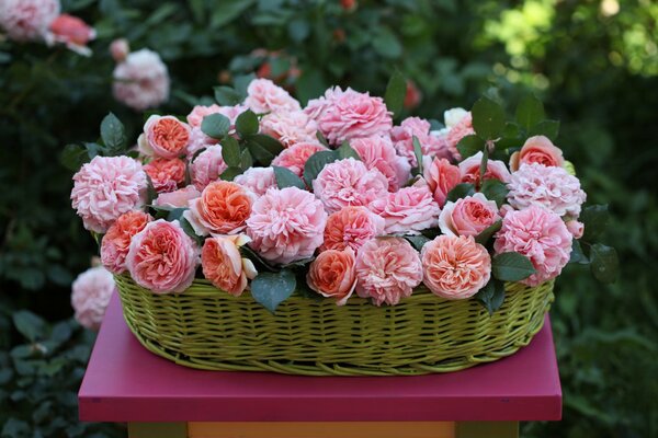 A basket of roses decorated in a rustic style