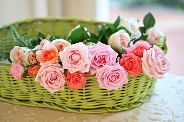 Pink roses in a wicker basket