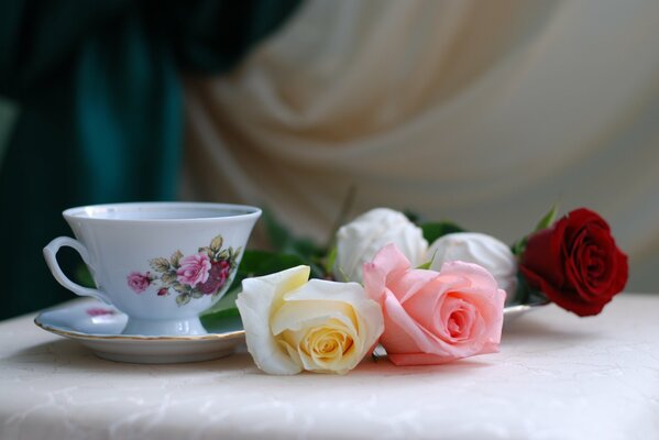 Stillleben aus einer Tasse mit Blumen und Blumen