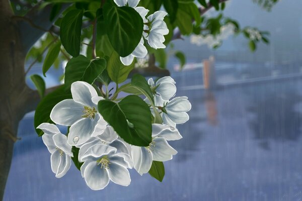 Kunst Zeichnen von weißen Blumen auf einem Baum