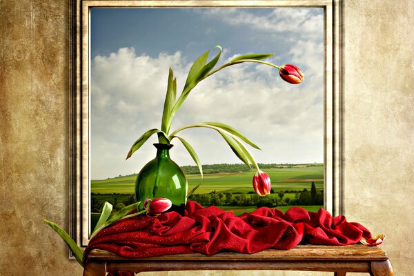 Tulips in a vase in a painting in a field