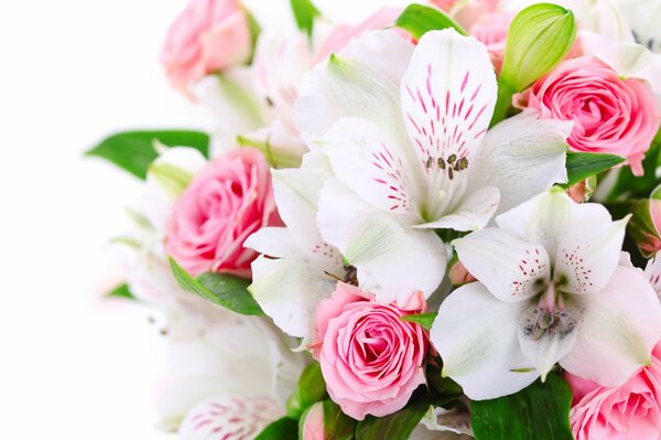 Bukiet różowych róż i białych orchidei